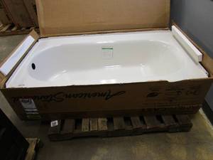 lot 705 image: AMERICAN STANDARD Princeton Luxury Ledge 5 ft. Americast Left-Hand Drain Drop-in Rectangular Bathtub in White (NEW CONDITION, CHIPPED ON TILE FLANGE, WILL BE COVERED AFTER YOU TILE)