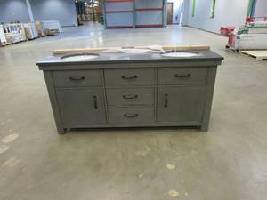 lot 713 image: WATER CREATION Aberdeen 72 in. W x 34 in. H Vanity in Grizzle Gray with Granite Vanity Top in Limestone with White Basins (VERY NICE CONDITION)