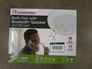 lot 785 image: HOMEWERKS 80 CFM Ceiling Mount Bathroom Exhaust Fan with Bluetooth Speaker and LED Light (OPEN BOX)