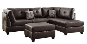 lot 712 image: VENETIAN WORLDWIDE Florence II 104 in. Wide 2-Piece Faux Leather L-Shaped Reversible Sectional in Brown Espresso with Ottoman (SMALL TEARS IN LEATHER, APPEARS TO BE ON BOTTOM OF SECTIONAL, SEE PHOTOS)