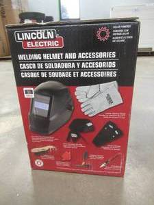 lot 913 image: Lincoln Electric Auto-Darkening Welding Helmet Starter Kit with No. 11 Lens, Gloves, Wire Brush, Magnet, Chipping Hammer and Marker - NEW