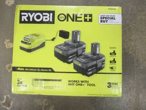 lot 915 image: Ryobi Charger and (2) 4Ah 18Volt Batteries Starter Kit, PSK006 - Like New
