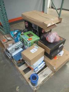 lot 948 image: WHOLESALESALVAGE PALLET (Boots, Small Housewares, Lighting, Tools, And More)