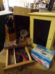 lot 39 image: Knife Block with Knives, Cutting Board with drawers, Pasta Machine and Small Cabinet