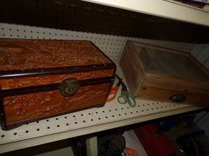 lot 56 image: Unique Wood Box with Scissors and Crafting Box with Drawer