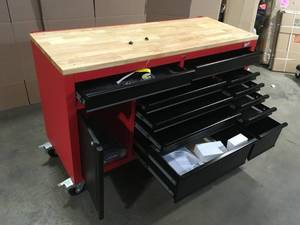 Milwaukee 61 in. 11-Drawer1-Door 22 in. D Mobile Workbench with Sliding Pegboard Back Wall in RedBlack  Customer Returns See Terms on Auction