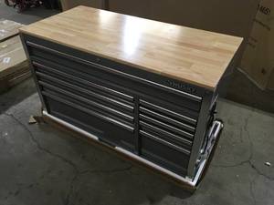Husky 52 in. W x 24.5 in. D Standard Duty 10-Drawer Mobile Workbench Tool Chest with Solid Wood Top in Gloss Gray Customer Returns See Terms on Auction