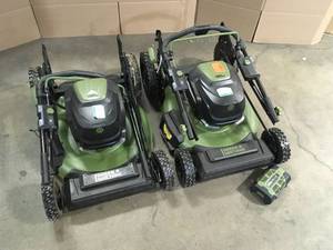 Lot of 2 Assorted Green Machine 62V Brushless 22 in. Electric Cordless Battery Self- Propelled Lawn Mower with 2 4.0 Ah Batteries and Charger Customer Returns See Terms on Auction