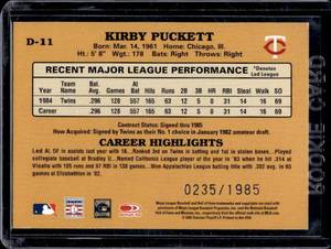 lot 26 image: 2001 Donruss Reprint Rookie Kirby Puckett #D-11 Serial #2351985