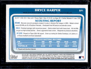 lot 42 image: 2011 Bowman Prospects Bryce Harper Rookie #BP1
