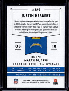 lot 138 image: 2020 Panini Justin Herbert Rookie #PA-3