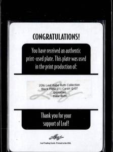 lot 57 image: 2016 Leaf Babe Ruth Collection Black Printing Plate #Q-07 1 of 1