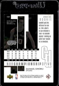 lot 96 image: 2002 Upper Deck Emanuel Ginobili Rookie #131 Serial #324500