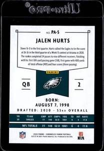 lot 100 image: 2020 Panini Pink Jalen Hurts Rookie #PA-5