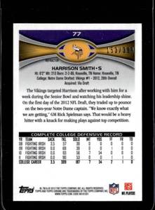 lot 181 image: 2012 Topps Chrome Pink Refractor Harrison Smith Rookie #77 Serial #153399