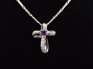 lot 9 image: .925 Sterling Silver Diamond Accented Amethyst Heart Cross Pendant Necklace