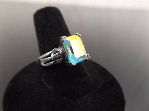 lot 38 image: .925 Sterling Silver Square Cut Aurora Borealis Ring Size 8