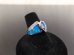 lot 48 image: .925 Sterling Silver Opal Accented Amethyst Marquis Ring Size 7