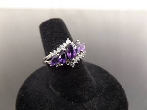 lot 49 image: .925 Sterling Silver Amethyst Marquis Crystal Ring Size 7