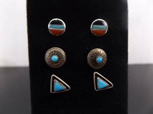 lot 90 image: 3 Pairs of .925 Sterling Silver Navajo Turquoise, Coral, etc Post Earrings