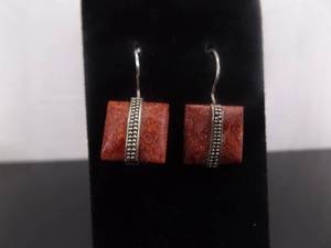 lot 96 image: .925 Sterling Silver Red Coral Hook Earrings