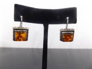 lot 97 image: .925 Sterling Silver Amber Square Cabochon Hook Earrings
