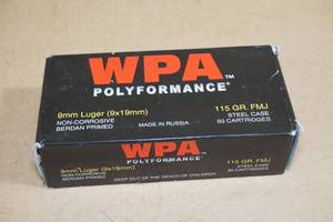 lot 61 image: 50 WPA Polyformance 9mm Luger 115 Gr FMJ Steel Case Ammo