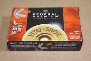 lot 127 image: 5 Federal Premium Vital Shok 12 Gauge 2-34 Copper Sabot Slug Shotshells