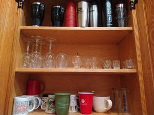 lot 224 image: Top Three Shelves of Glasses, Thermos, Mugs