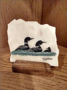 lot 335 image: Small Hand-Painted Marble Slab - Loons