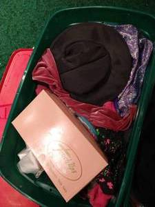 lot 407 image: (2) Totes of Girls Dress Up Clothes & 1 Box of Scrap Material