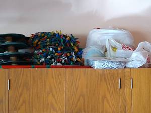 lot 601 image: Christmas Lights, Hooks, Hanging Tool & Large Ornaments