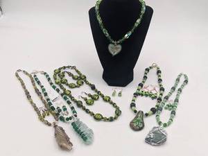 Gorgeous Green Hand-Crafted Jewelry Sets -Wire-Wrapped Stone, Fluorite & Glass Pendants-12 Pieces