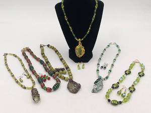 6 1-Piece Hand-Crafted Jewelry With Wire-Wrapped Fluorite & Glass Pendants Sets 12 Pieces