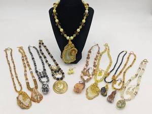 Beautiful 16 Piece Hand-Crafted Jewelry with Orange Calcite, Glass, & Wire-Wrapped Geodes & Stones