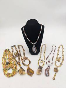 Stunning 13-Piece Hand-Crafted Jewelry Collection- Orange Calcite, Wire-Wrapped Geodes & Stones