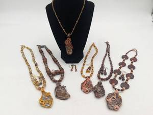 Gorgeous Collection of 6 2-Piece Hand-Crafted Wood, Wire-Wrapped Stones & Jewelry Sets
