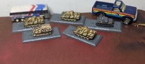 Vintage Die Cast Greyhound Bus, 4 Military Tanks, & Bass Chaser Pick-Up Truck