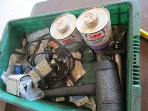 Tote with large mallet, plumbing...