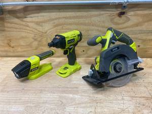 lot 43 image: RYOBI 18V- P705 130 Lumen Flashlight, P505 5-12 Circular Saw and P235 14 Hex 18V Cordless Impact Driver (Tools Only)