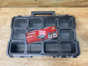 lot 64 image: HUSKY 10-Compartment Interlocking Small Parts Organizer in Black