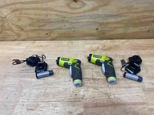 lot 27 image: RYOBI Lot of 2- 4V Lithium-Ion Screwdrivers with 2 Batteries and 2 Chargers