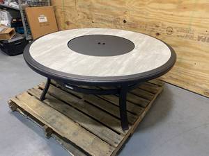 lot 33 image: HAMPTON BAY Whitfield 48 in. Round Galvanized Steel Wood Burning Fire Pit Table in Dark Brown with Stone Look Tile Top