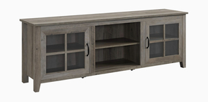 lot 108 image: WALKER EDISON Portsmouth Classic 2 Glass Door TV Stand for TVs up to 80 Inches, 70 Inch, Grey Wash