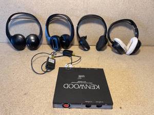 lot 26 image: Kenwood KTC-SR901 Sirius Satellite Tuner and 4 wireless Chrysler in-car media headphones. (Tested and Works)