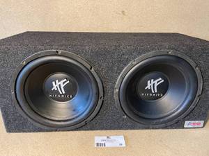 lot 28 image: Sealed Atrend Enclosure Subwoofer Box with a Pair of HIFONICS 12 Bass Subwoofers. (Tested and Works)