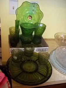 Green glassware including vases, se...