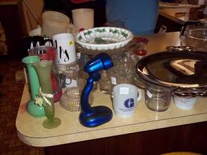 Clock, serving trays, glasses, desk...