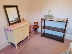 lot 72 image: Vintage Cabinet, Shelf, Mirror, Vintage Teddy Bear, Wood Rocking Horse and Childrens Books - NO SHIPPING