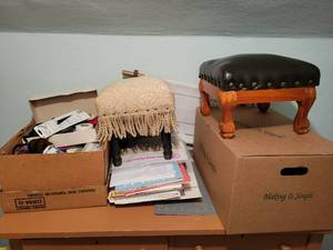 lot 80 image: Sewing items, Cross Stitch, Foot Stools, Vintage Hawkeye by Burlington Sewing Storage Stool - NO SHIPPING
